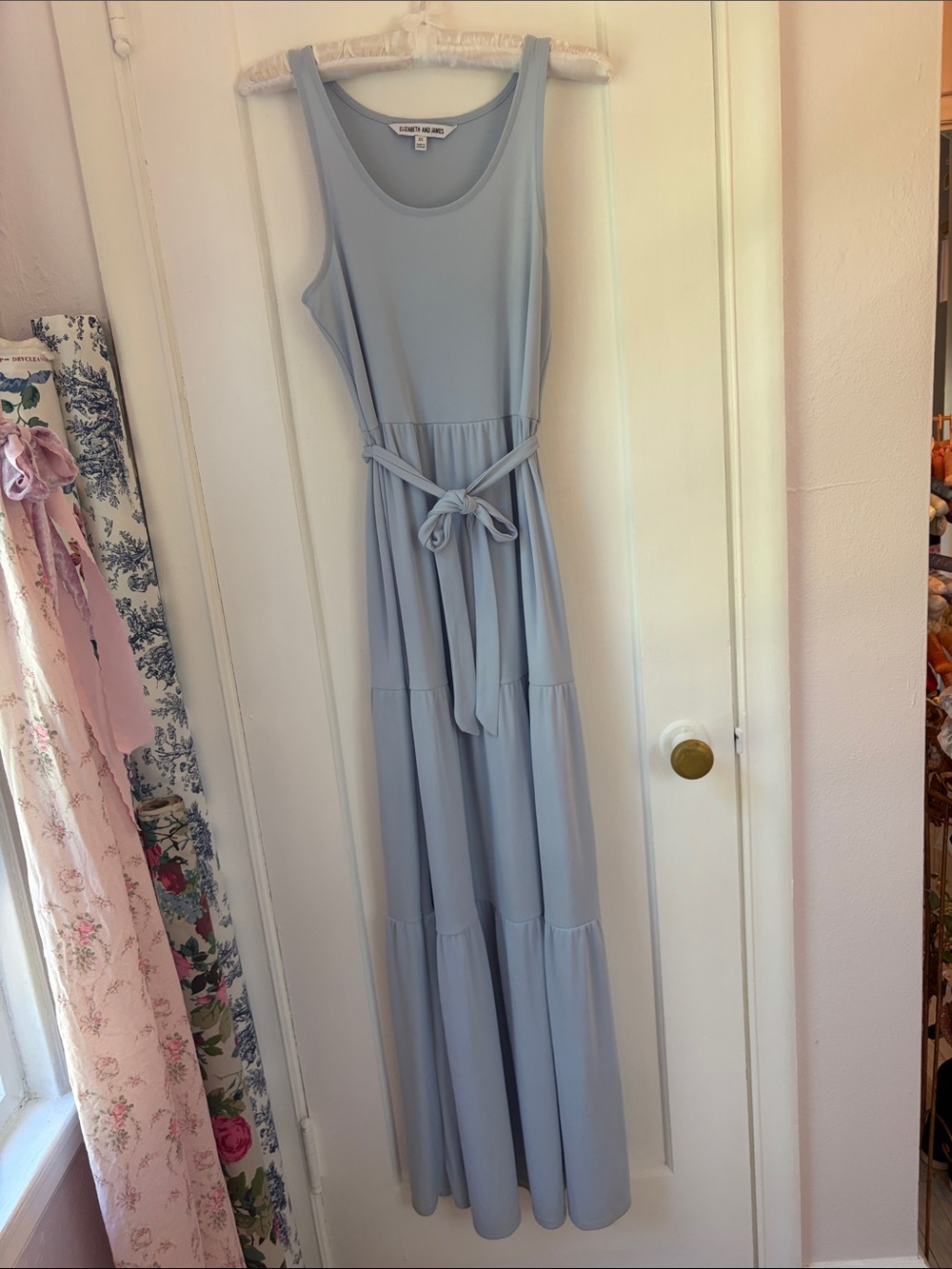 Elizabeth and James Pale Blue Sleeveless Tiered Maxi Dress with Tie Waist